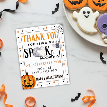 cute novelty halloween teacher appreciation treat or gift tags that can be personalized with your school pto or organization for any teacher and staff or employee appreciation event in october. Editable template with cute ghost, bat, pumpkin, spider web, moon and minimal polka dots in orange and black and grey. Include print sheet to cut out as DIY Tags.